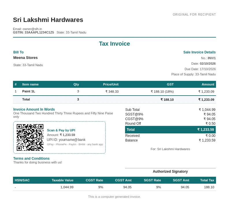 Invoice with a Scan & Pay by UPI block